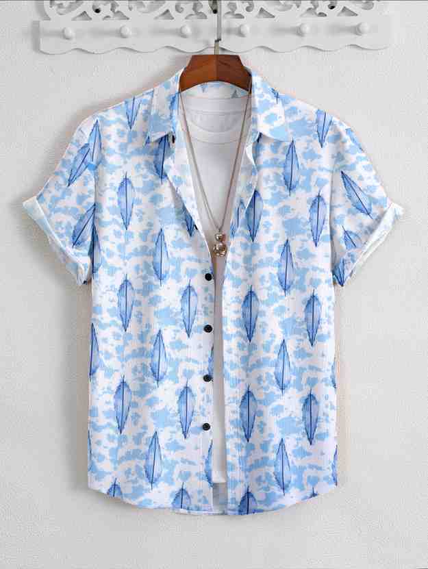 Blue Feather Print Casual Shirt